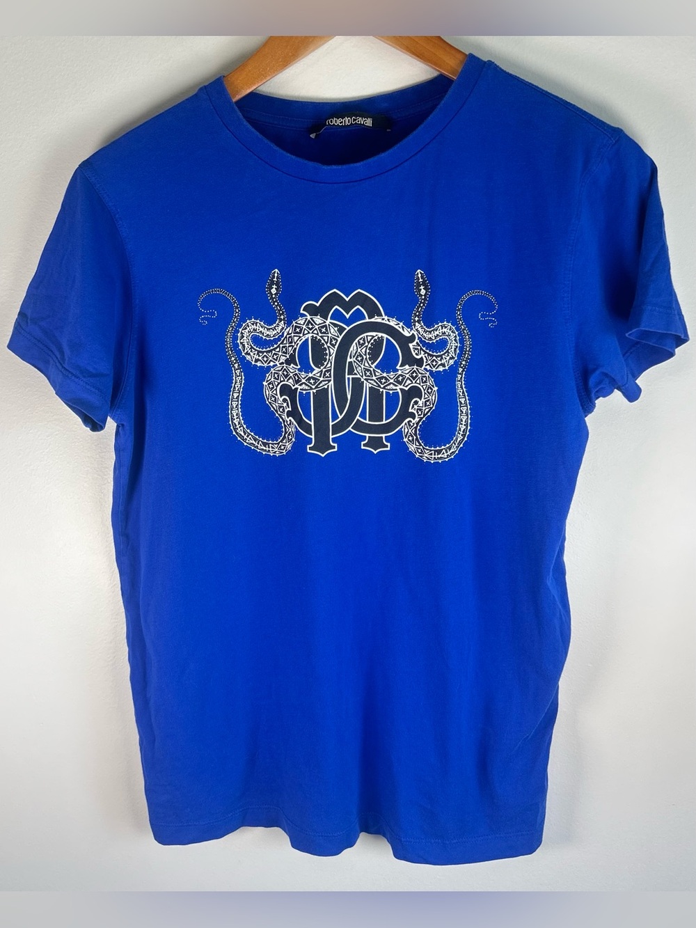 Roberto Cavalli Snake Graphic Logo Women’s T-Shirt Size L Blue Designer